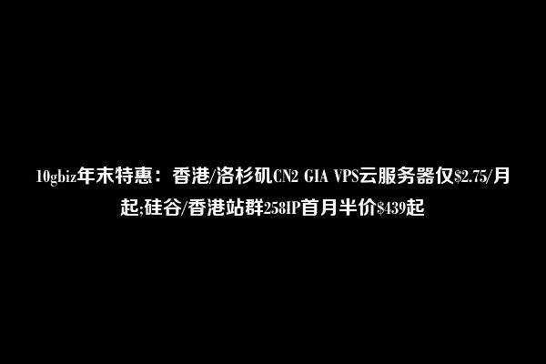 10gbiz年末特惠：香港/洛杉矶CN2 GIA VPS云服务器仅$2.75/月起;硅谷/香港站群258IP首月半价$439起