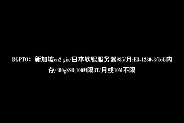 BGPTO：新加坡cn2 gia/日本软银服务器$85/月;E3-1230v3/16G内存/480gSSD,100M限3T/月或10M不限