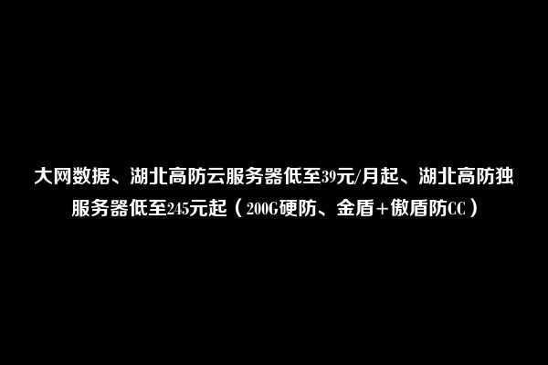 大网数据、湖北高防云服务器低至39元/月起、湖北高防独服务器低至245元起（200G硬防、金盾+傲盾防CC）