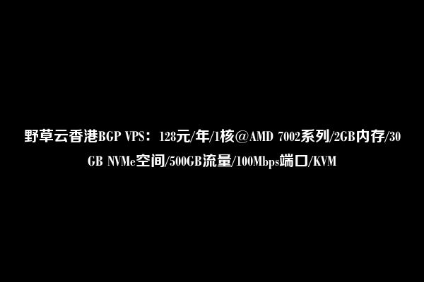 野草云香港BGP VPS：128元/年/1核@AMD 7002系列/2GB内存/30GB NVMe空间/500GB流量/100Mbps端口/KVM