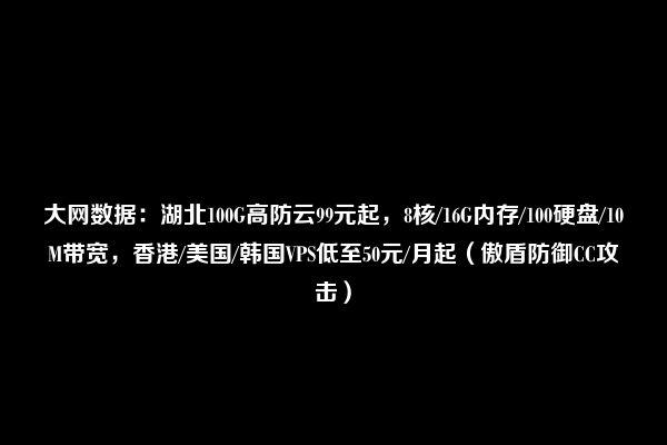 大网数据：湖北100G高防云99元起，8核/16G内存/100硬盘/10M带宽，香港/美国/韩国VPS低至50元/月起（傲盾防御CC攻击）