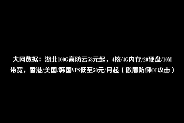 大网数据：湖北100G高防云58元起，4核/4G内存/20硬盘/10M带宽，香港/美国/韩国VPS低至50元/月起（傲盾防御CC攻击）