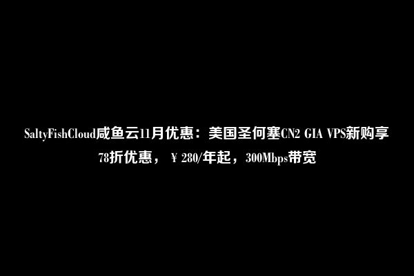 SaltyFishCloud咸鱼云11月优惠：美国圣何塞CN2 GIA VPS新购享78折优惠，￥280/年起，300Mbps带宽