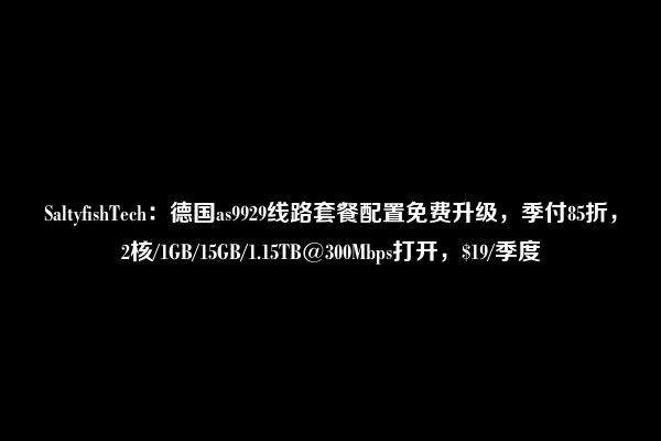 SaltyfishTech：德国as9929线路套餐配置免费升级，季付85折，2核/1GB/15GB/1.15TB@300Mbps打开，$19/季度