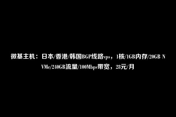 微基主机：日本/香港/韩国BGP线路vps，1核/1GB内存/20GB NVMe/240GB流量/100Mbps带宽，28元/月